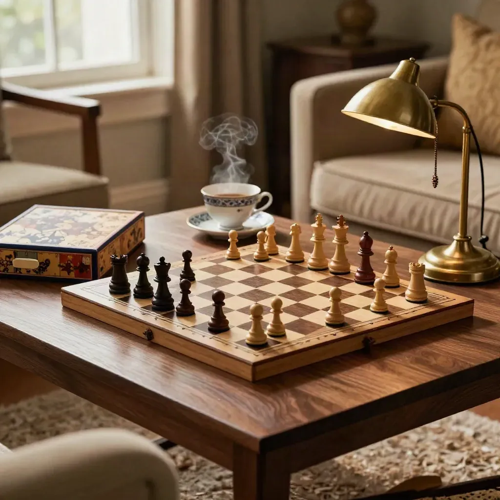 Macro of a paused chess game with tea, puzzle box, and lamp glow in a cozy living room.