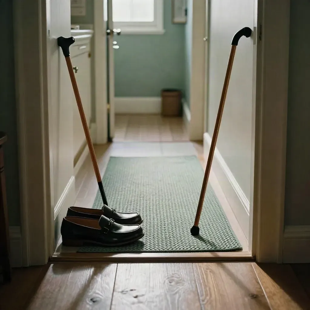 Hallway mobility setup with cane, house shoes, runner, and doorway grab-bar reflection.