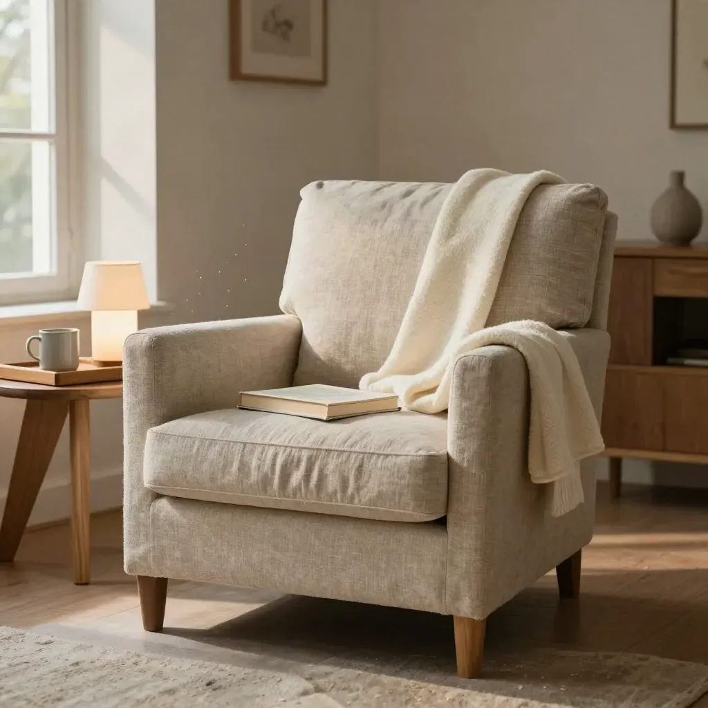 Armchair reset with folded blanket, tea tray, closed book and glowing lamp in a calm living room.