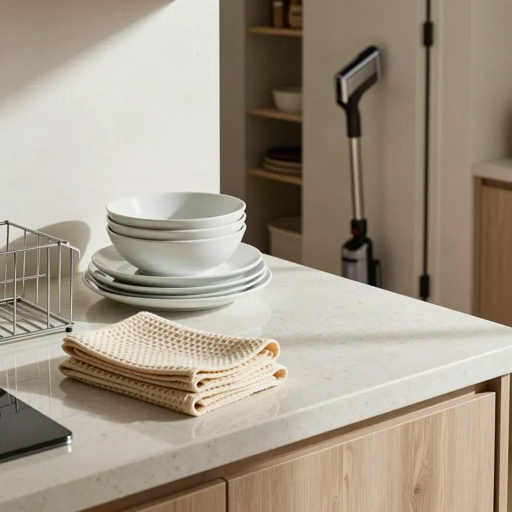 Clean kitchen with stacked dishes, folded towels, polished counter and vacuum in pantry doorway.