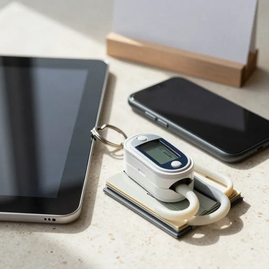 Care manager desk kit with tablet, key ring, phone, pulse oximeter and tab dividers on travertine.