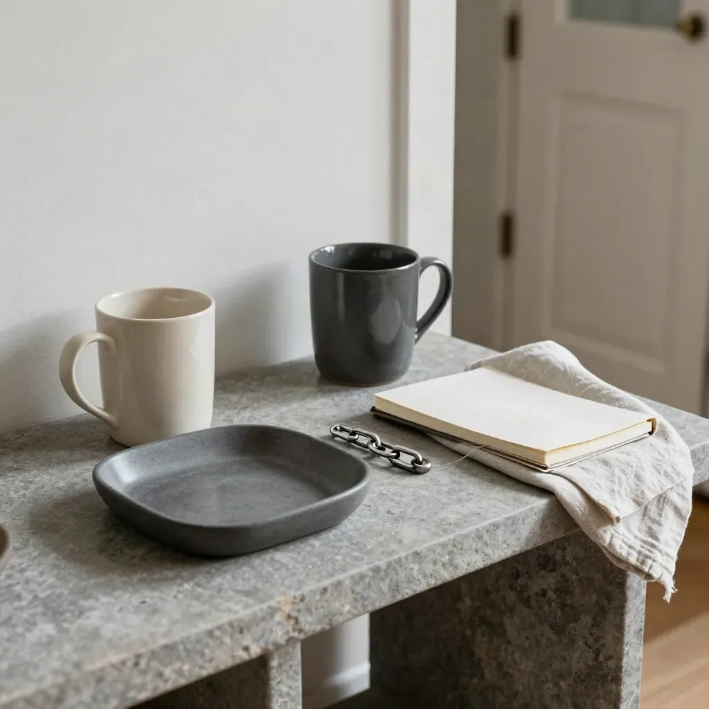 Entry-console still life with mugs, door chain, shoe tray, notebook, and folded cloth.